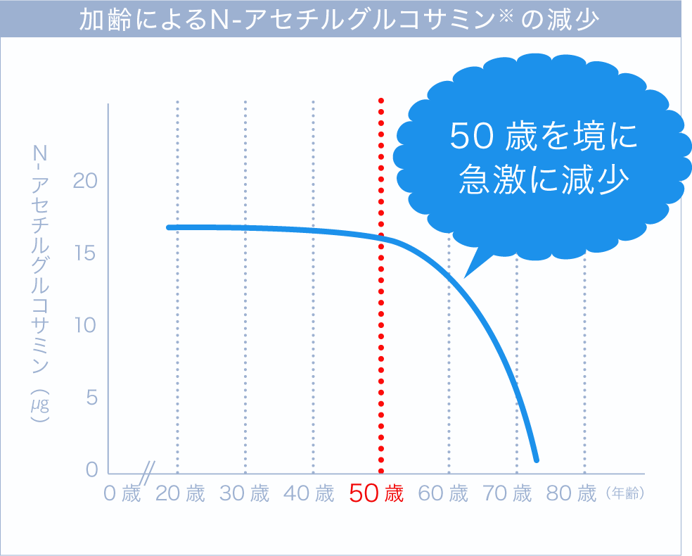 加齢によるN-アセチルグルコサミン(※)の減少(※グルコサミンは体内でN—アセチルグルコサミンに変換されます M O Longas et al, Carbohydrate Research, 159:127-136, 1987.)