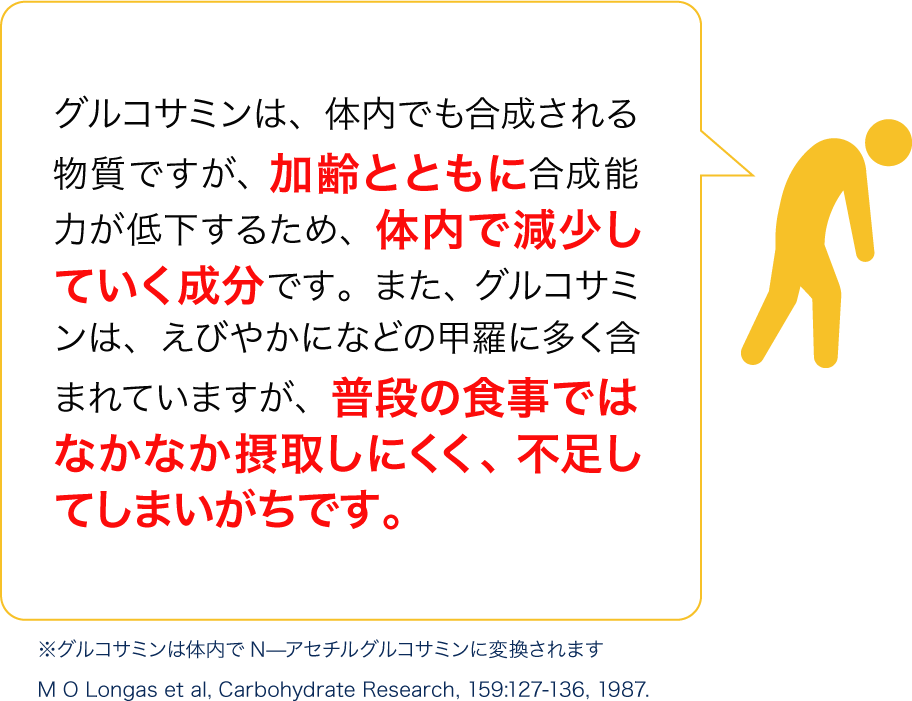 グルコサミンは、体内でも合成される物質ですが、加齢とともに合成能力が低下するため、体内で減少していく成分です。また、グルコサミンは、えびやかになどの甲羅に多く含まれていますが、普段の食事ではなかなか摂取しにくく、不足してしまいがちです。